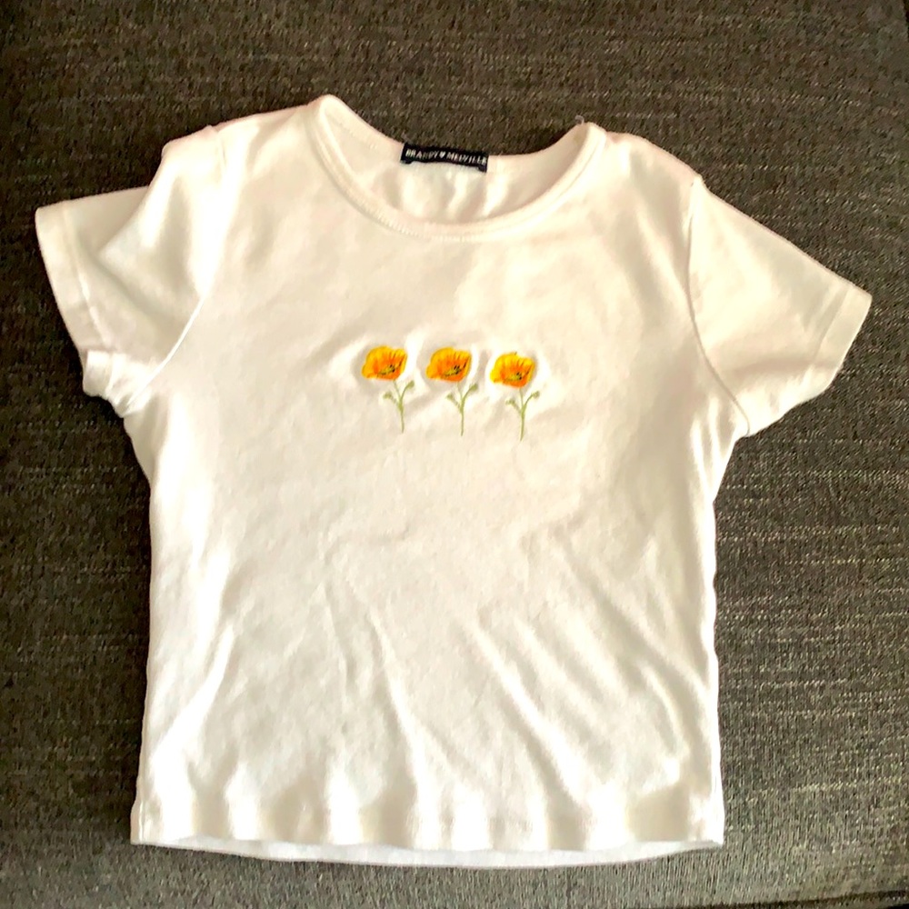 Brandy Melville white cropped tee with yellow/orange flowers